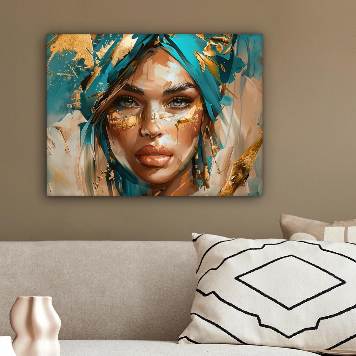 LEINWANDBILD Frau - Porträt - Gold - Luxus - Blau Wandbild 40x30 cm - Türkis, Textil (40/30cm) - MuchoWow