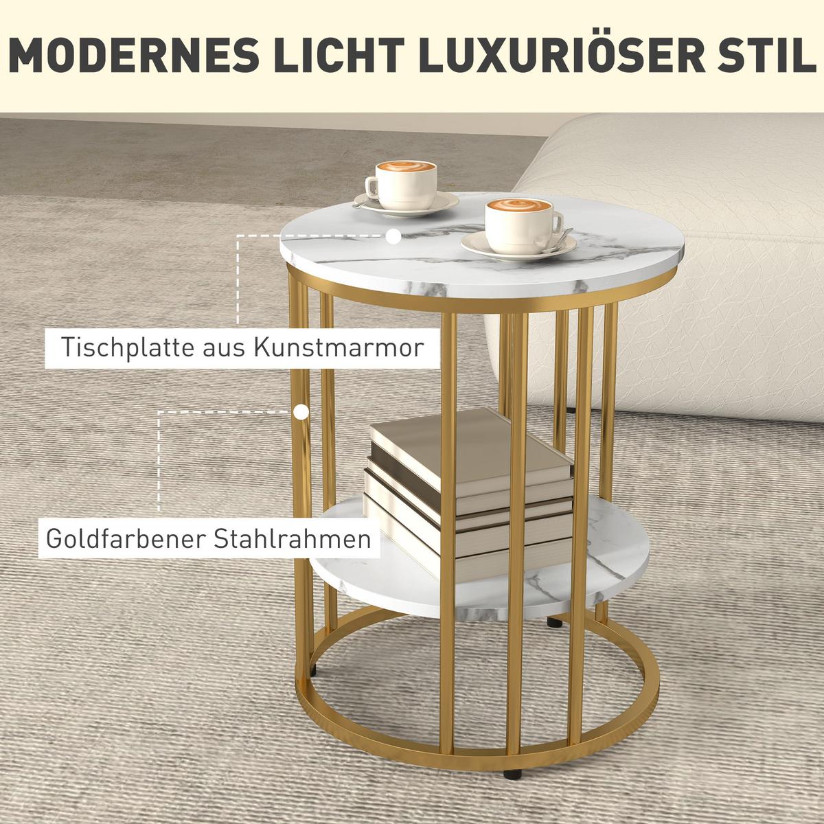 COUCHTISCH rund 2er Set Beistelltisch mit Ablage, Stahlrahmen, Marmoroptik Weiß - Weiß, Holzwerkstoff (45/45/55cm) - HOMCOM