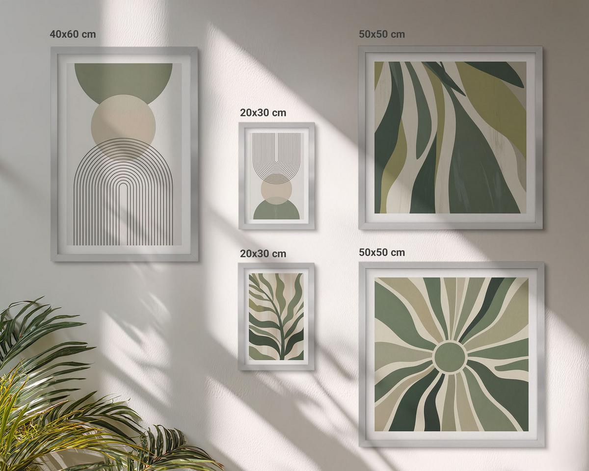 BILDER SET 5er Set - 50x50 cm & 20x30 cm & 40x60 cm Silberner Rahmen - Bemalte Blätter mit Grün - Silberfarben, Kunststoff (40/60cm) - TULUP