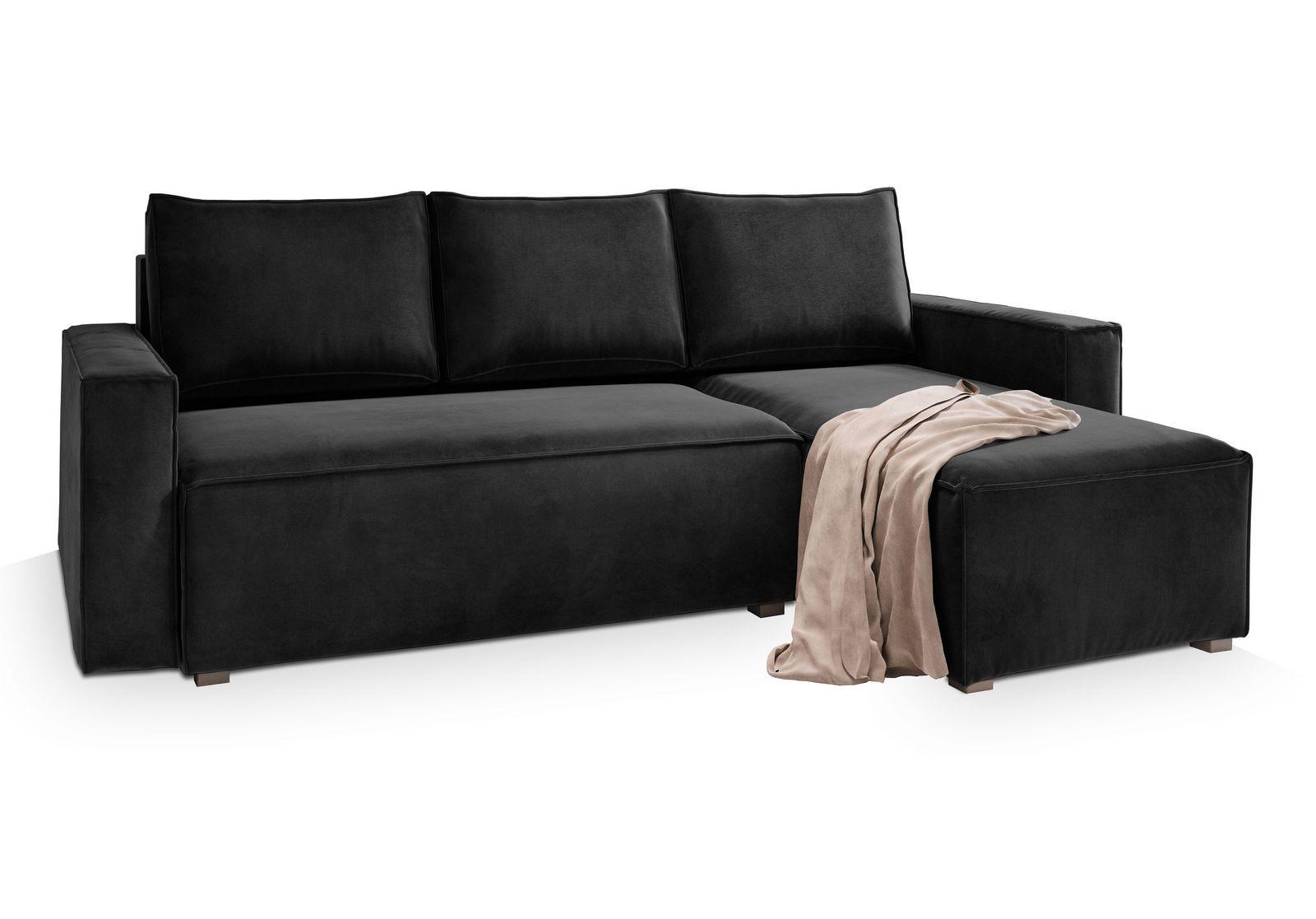 ECKSOFA SILES Schwarz Velours-Stoff mit Schlaffunktion - Schwarz/Grau, Holz/Kunststoff (230/140cm) - MASSENO