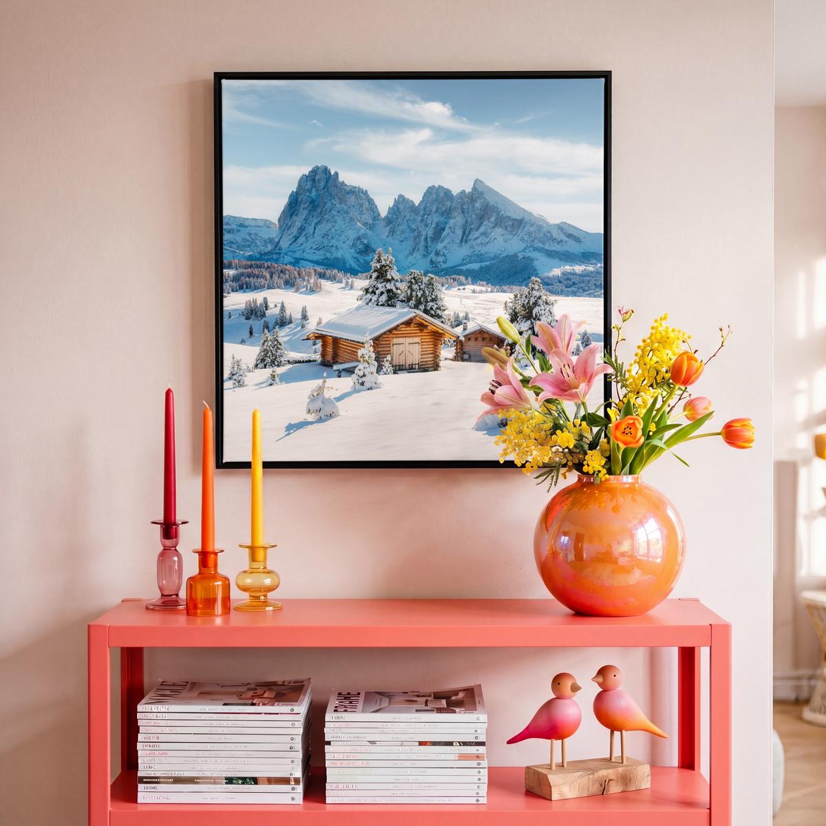 LEINWAND Bilder mit Rahmen - Winter - Hütte - Berge - Aussicht - Schnee - 50x50 - Eichefarben, Textil (50/50cm) - MuchoWow