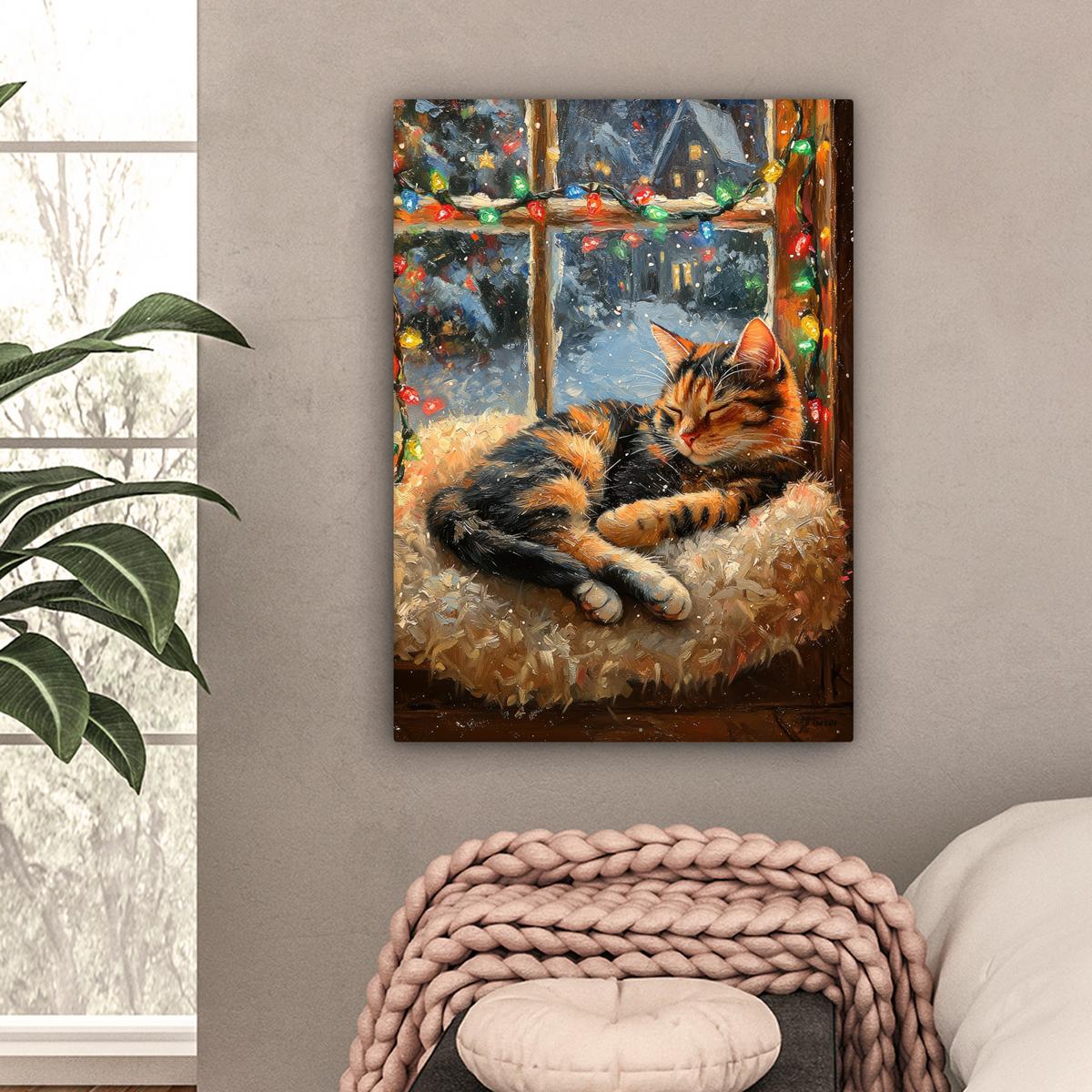 LEINWANDBILD Katze - Weihnachten - Winter - Tier Wandbild Wohnzimmer 60x80 cm - Bernsteinfarben, Textil (60/80cm) - MuchoWow