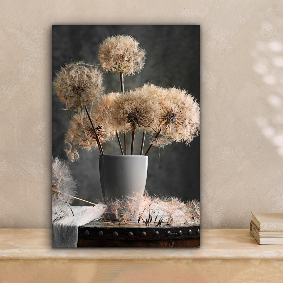 LEINWANDBILD Blumensamen - Löwenzahn - Vase - Stilleben - Blumenstrauß Deko Wohnzimmer 20x30 cm - Dunkelgrau, Textil (20/30cm) - MuchoWow