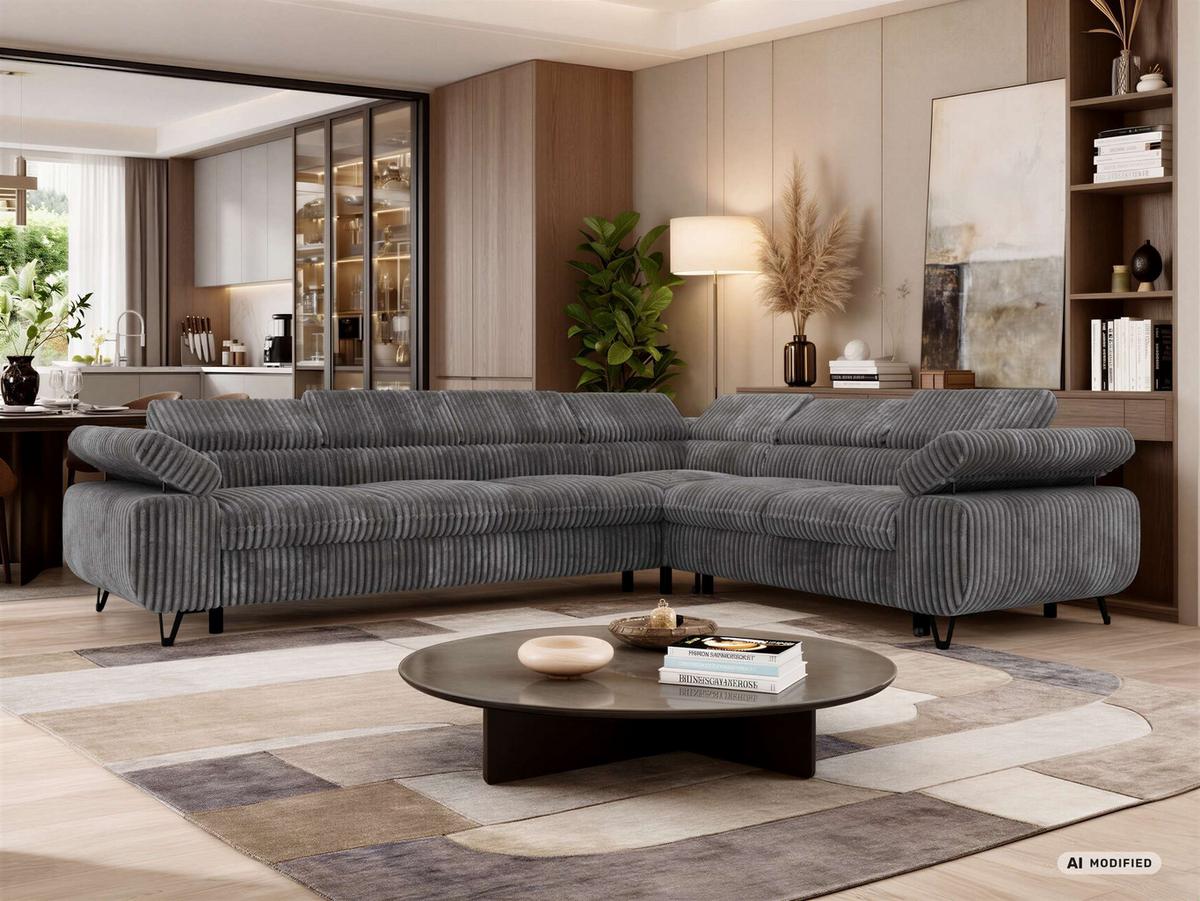 ECKSOFA NORDEN L - Grau Cord - Links Seite - Schwarz/Grau, Textil/Metall (269/329cm) - MKS