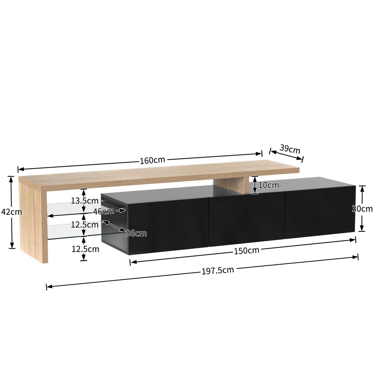LOWBOARD mit LED-Beleuchtung, 3 Schubladen und Offene Fächer - Schwarz, Glas/Holzwerkstoff (197/42/39cm) - Urban Meuble