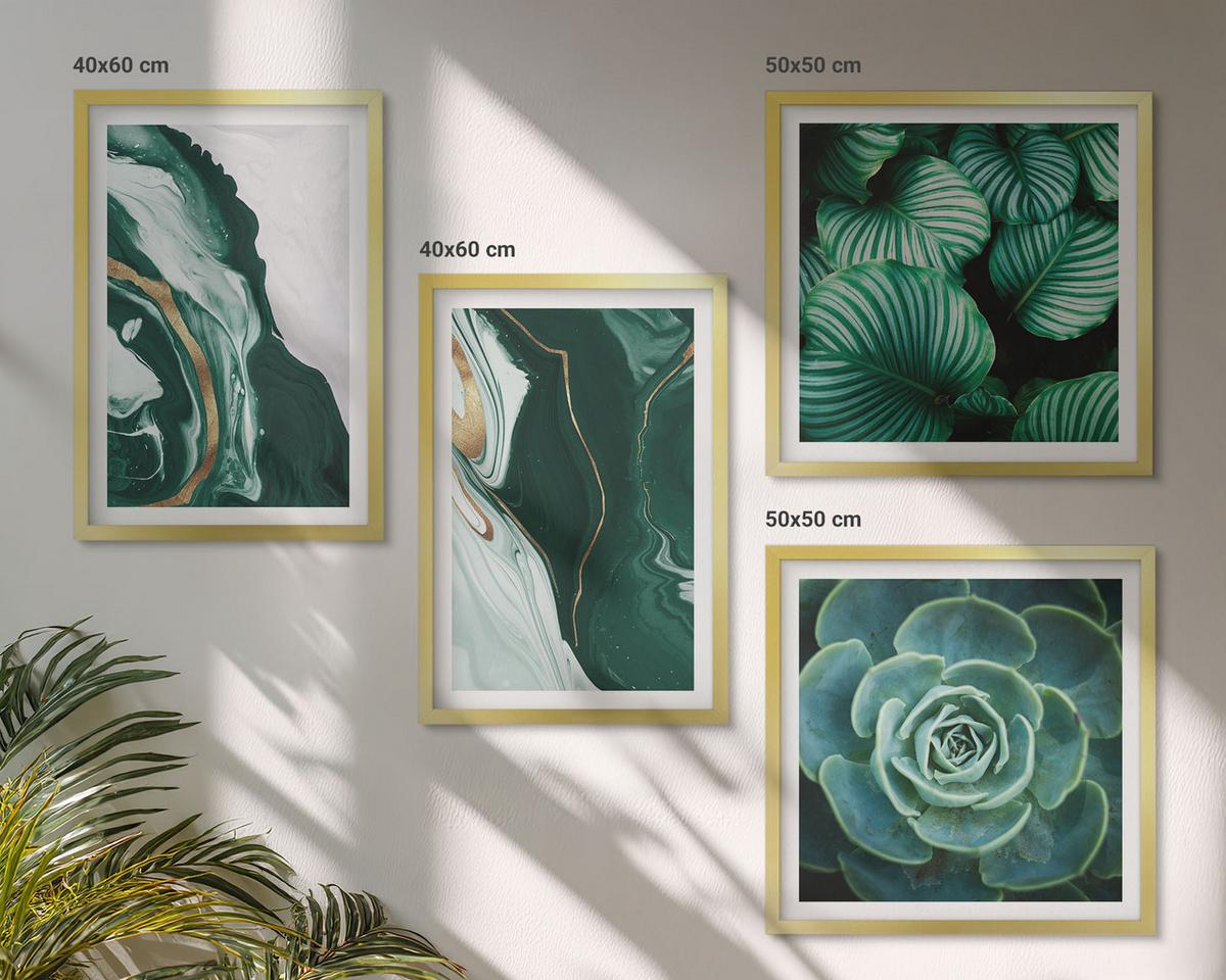 BILDER SET 4er Set - 50x50 cm & 40x60 cm Goldrahmen - Abstrakte Muster von Sukkulentenblättern - Goldfarben, Kunststoff (50/50cm) - TULUP