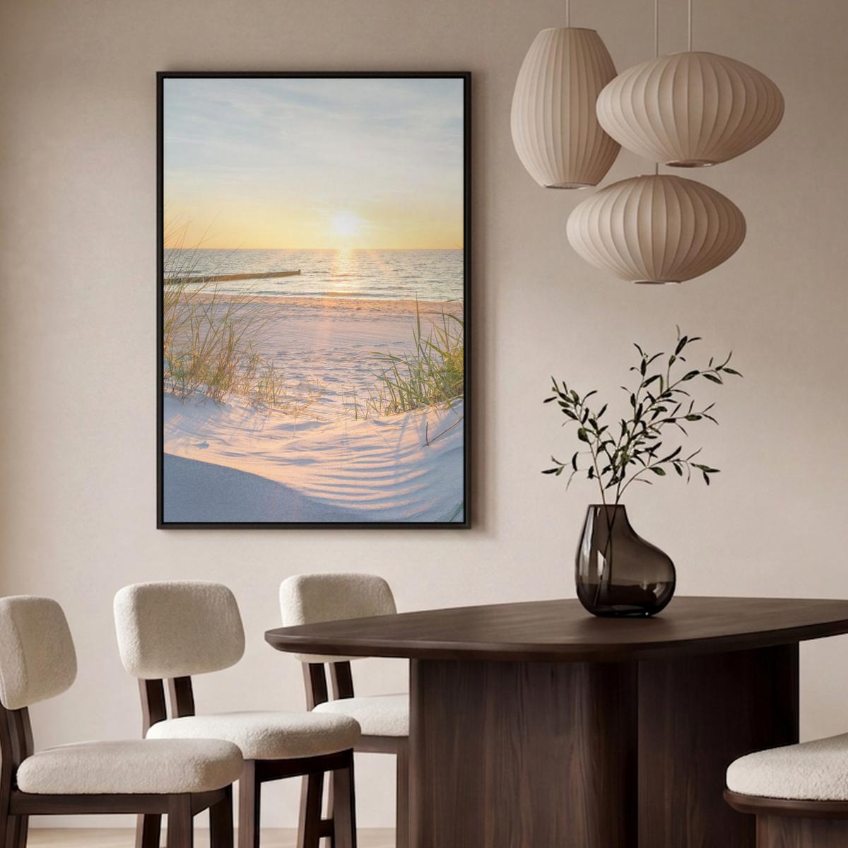 LEINWAND Bilder mit Rahmen - Strand - Sonne - Düne - Gras - Sand - Horizont - 90x140 - Hellblau, Textil (90/140cm) - MuchoWow