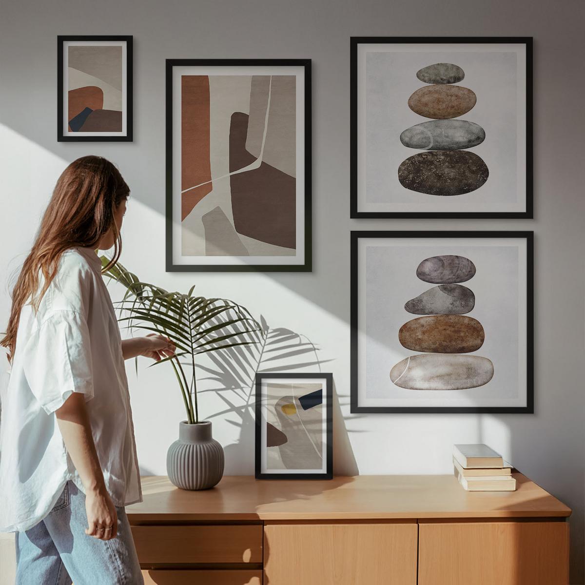 BILDER SET 5er Set - 50x50 cm & 20x30 cm & 40x60 cm Schwarzer Rahmen - Abstrakte Boho-Formen - Schwarz, Kunststoff (40/60cm) - TULUP