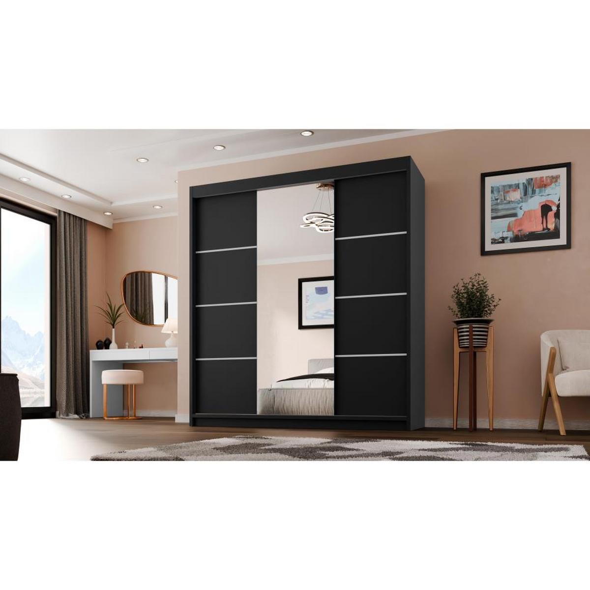 SCHWEBETÜRENSCHRANK Milo 200/215/58 3-türig schwarz mit Spiegel - Schwarz, Holzwerkstoff (200/215/58cm) - Beautysofa