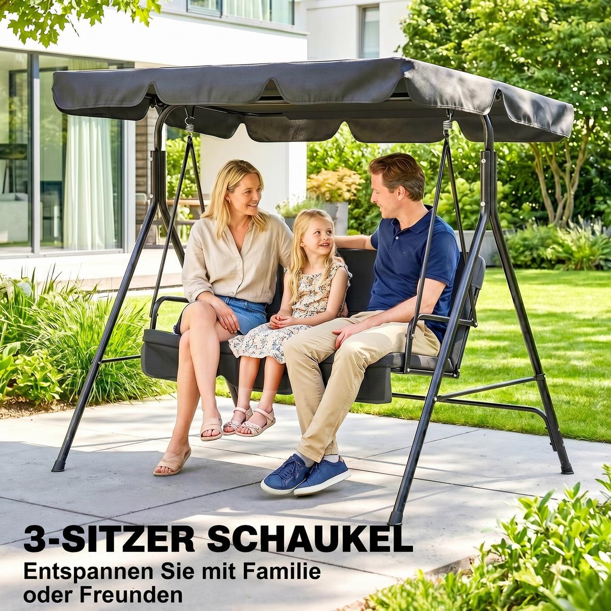 HOLLYWOODSCHAUKEL, 3-Sitzer, Stahl, Schwarz, 172 x 110 x 153 cm - Schwarz, Metall (110/153/172cm) - Outsunny