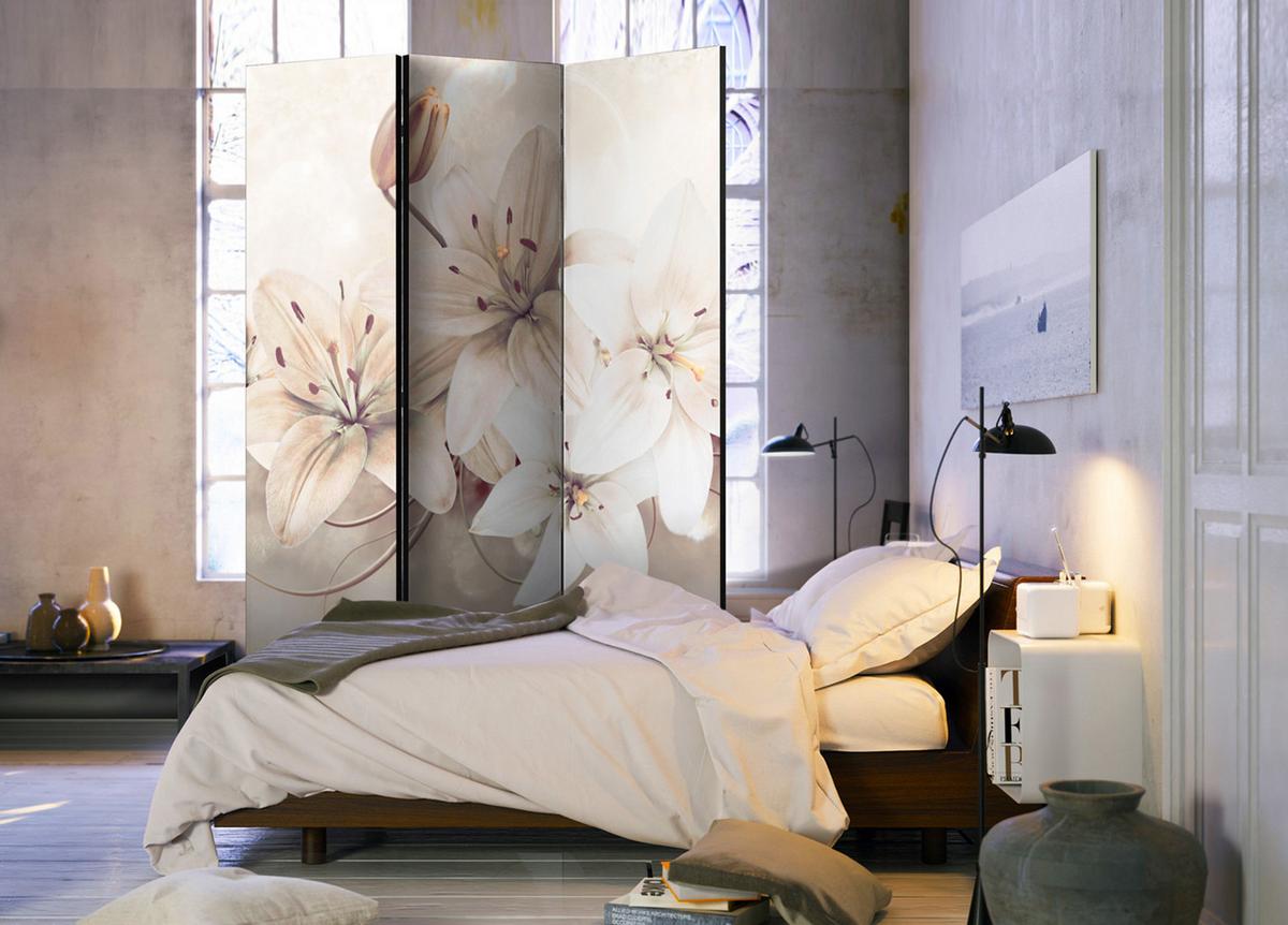 PARAVENT Akustik 3-tlg 135x172 cm Wei e Lilienbl ten Abstraktion - Beige, Holz/Textil (135/172/3cm) - Muralo