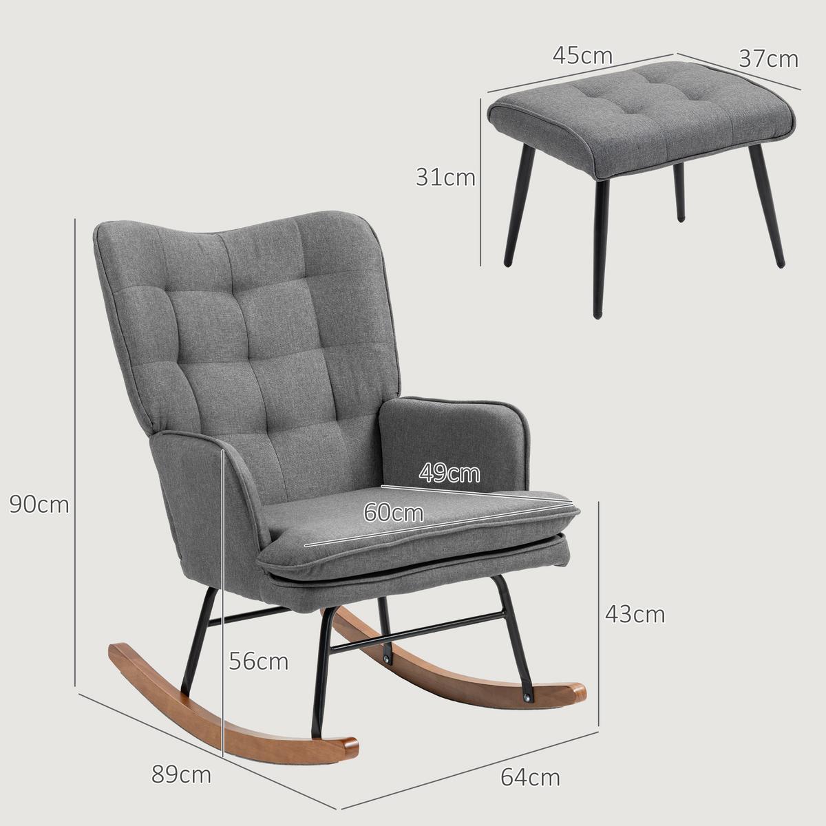 SCHAUKELSTUHL Schwingsessel mit Hocker Armlehnsessel Relaxsessel mit Leinenoptik - Dunkelgrau/Schwarz, Holz/Textil (89/90/64cm) - HOMCOM