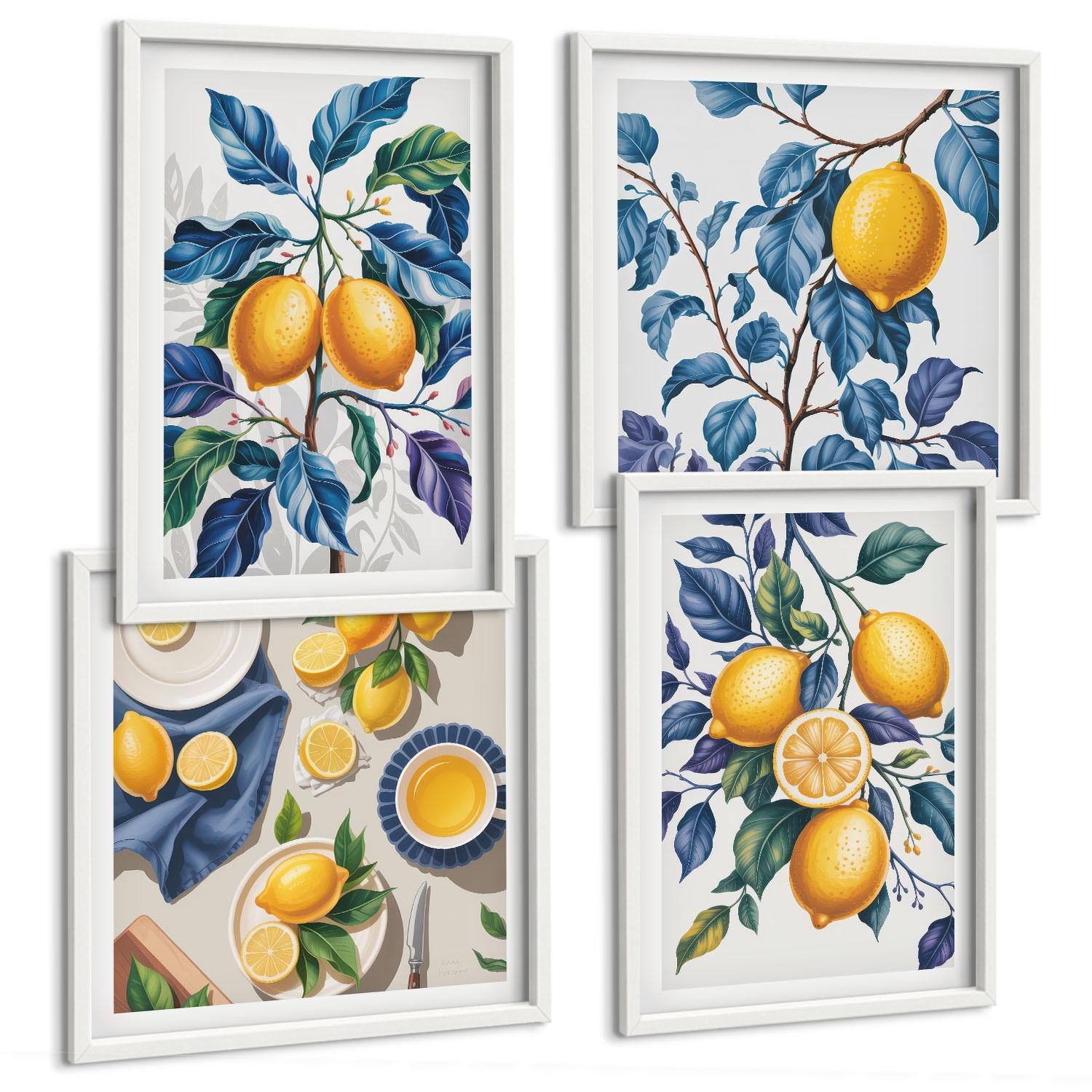 BILDER SET 4er Set - 50x50 cm & 40x60 cm Weißer Rahmen - Zitronenzweige mit blauen Blättern - Weiß, Kunststoff (50/50cm) - TULUP