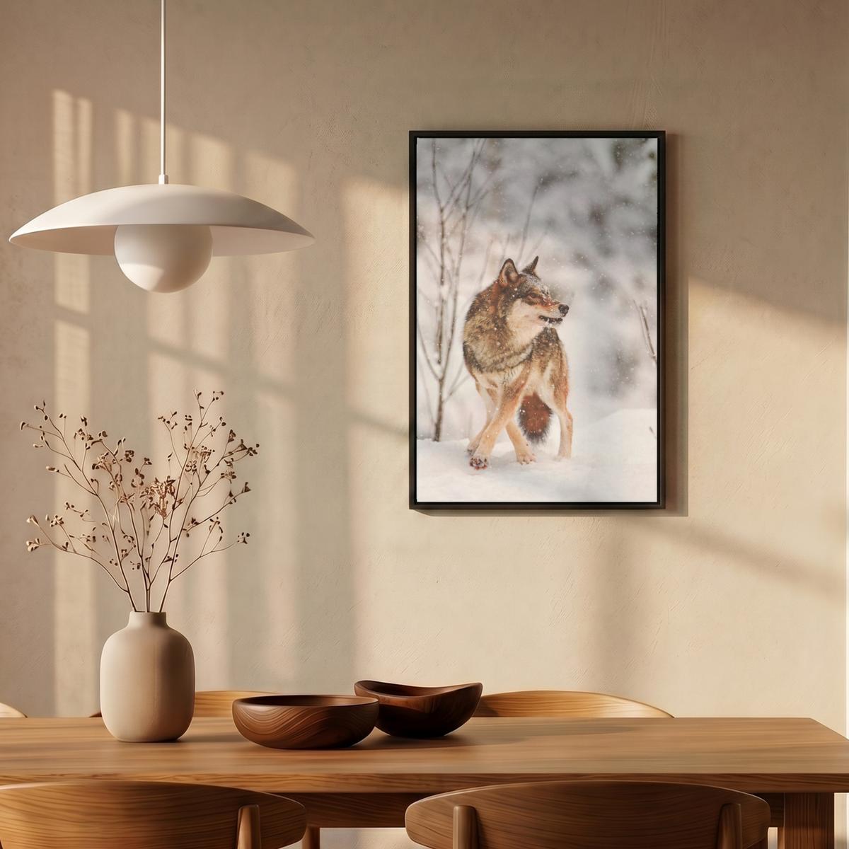 LEINWAND Bilder mit Rahmen - Wolf - Winter - Schnee - Natur - Tiere - 40x60 - Haselnussfarben, Textil (40/60cm) - MuchoWow