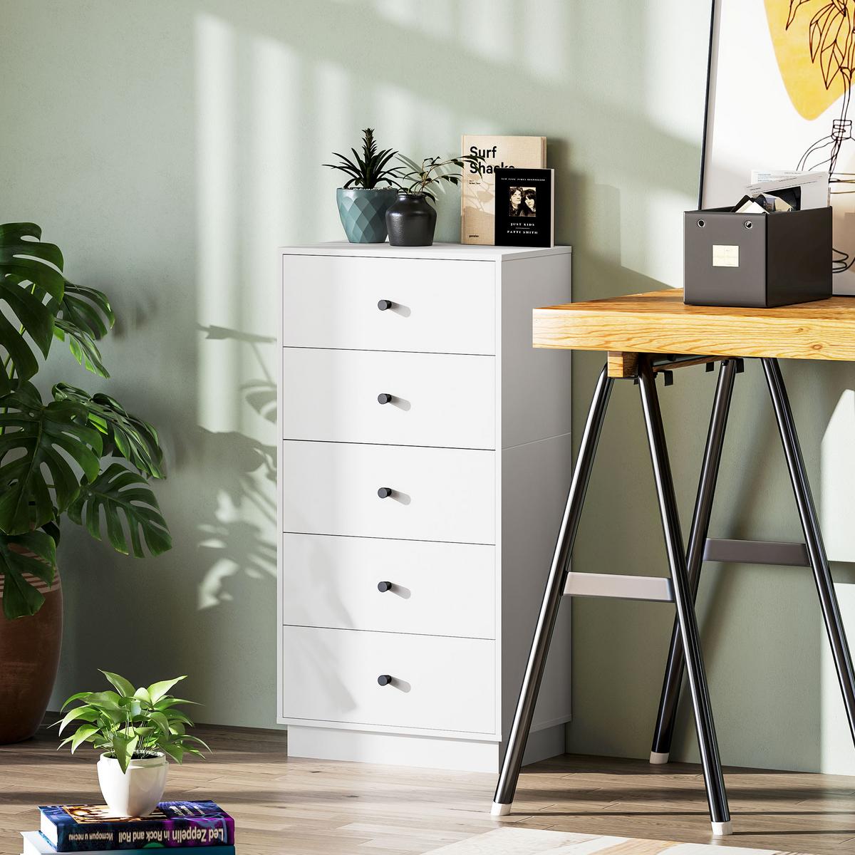 KOMMODE Sideboard mit 5 Schubladen Schrank aus Holzwerkstoff 47 x 29 x 95 cm Weiß - Weiß, Holzwerkstoff (29/95/47cm) - HOMCOM