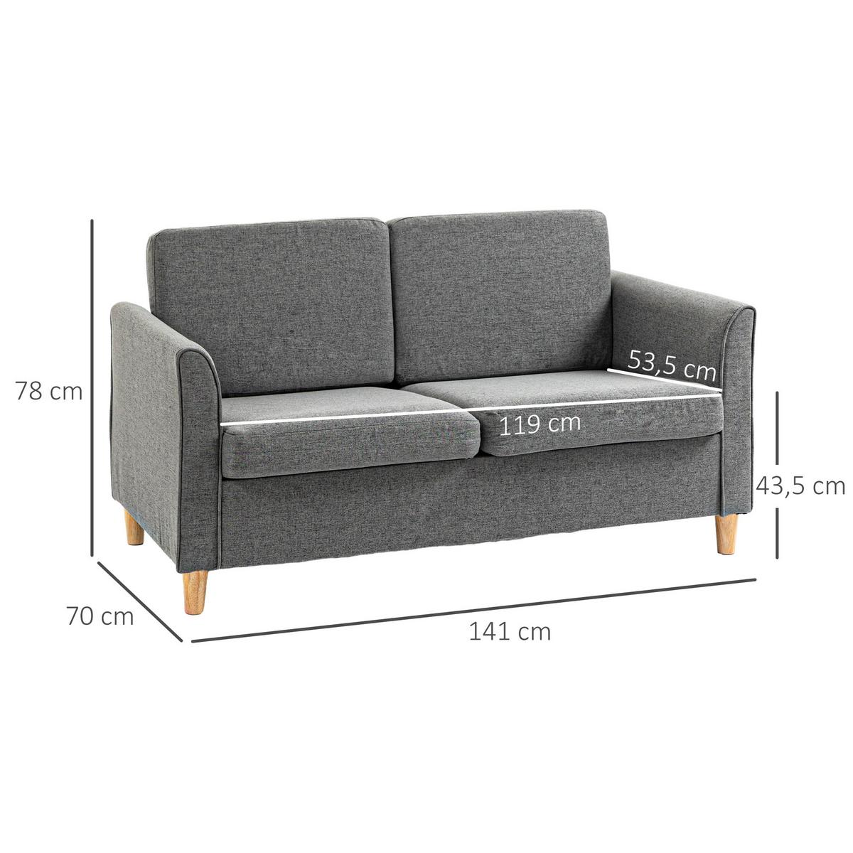 SOFA Zweisitzer Couch Doppelsofamit Kissen Leinen Grau - Hellgrau, Textil (70/78/141cm) - HOMCOM