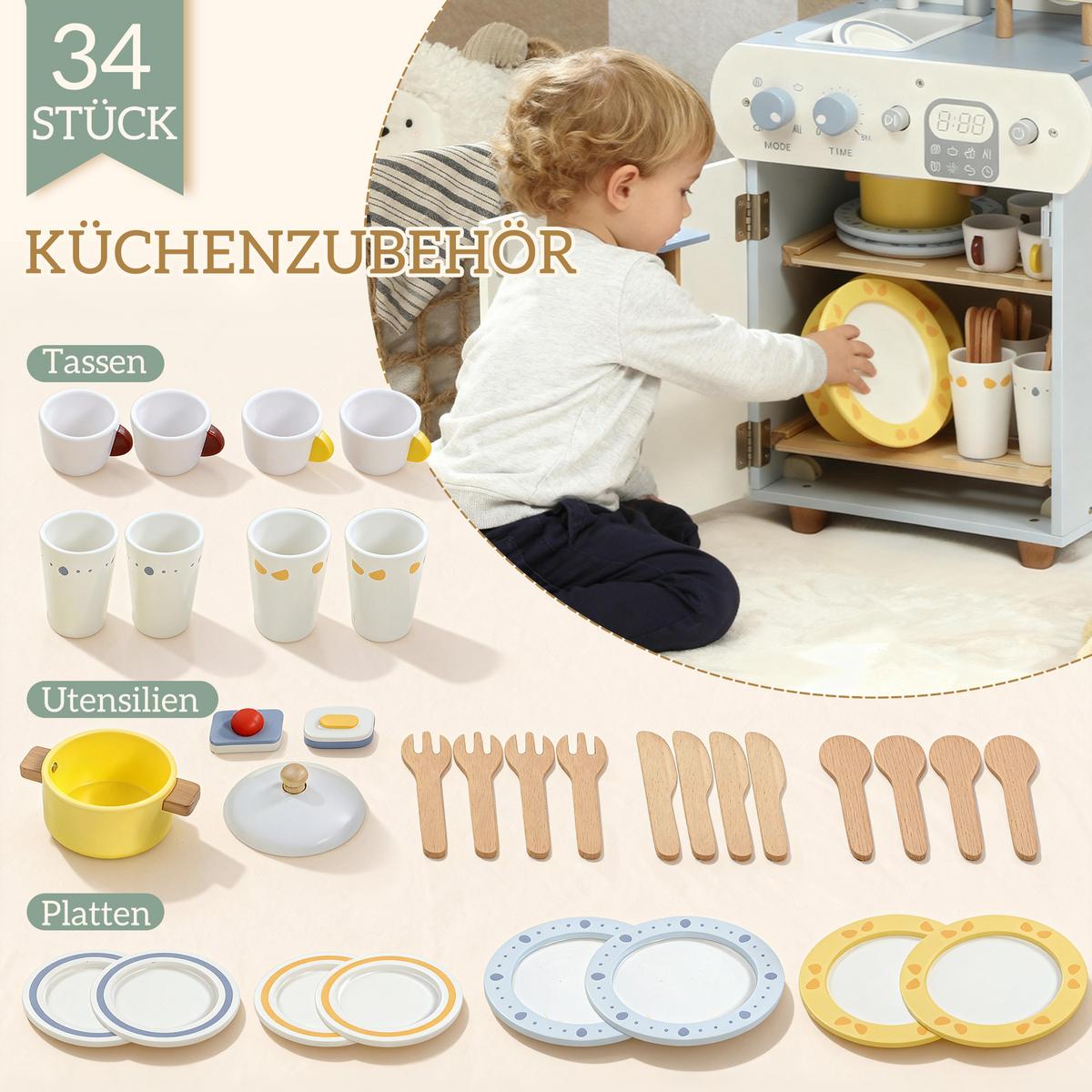 KINDER-SPIELKÜCHE mit Wasserhahn Holzgeschirrspüler - Hellblau, Holzwerkstoff (36/26/52cm) - AIYAPLAY