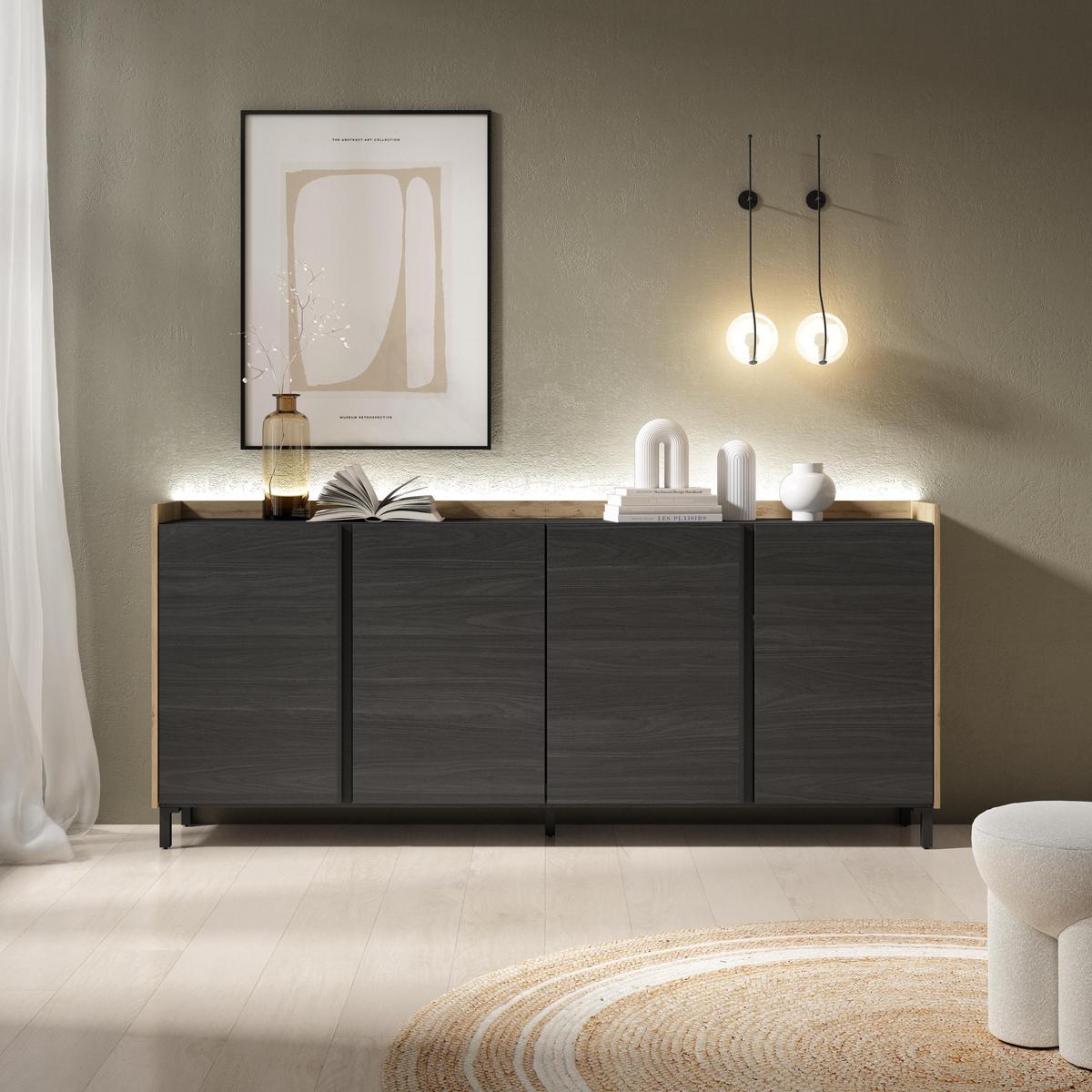 SIDEBOARD, Schwarz und Eiche, 207/35/91cm, mit Beinen - Schwarz, Holzwerkstoff (207/91/35cm) - Skraut Home