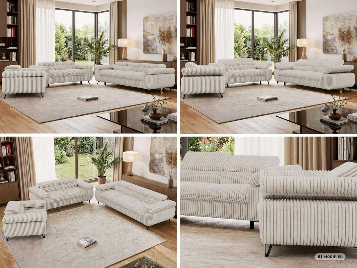 SITZGARNITUR PETER 1+2+3 - Beige Cord - Beige/Creme, Textil/Metall (262/76/99cm) - MKS