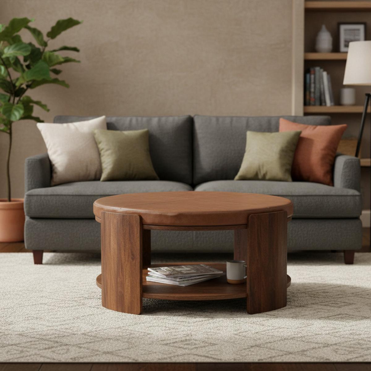 COUCHTISCH mit Roasted-Almond-Finish, Leder auf der Oberfläche, kaffeebraun - Braun, Leder/Holz (85/85/42cm) - Artisan Furniture