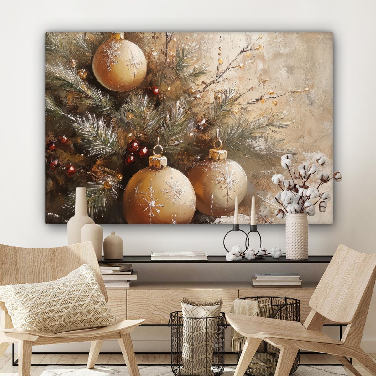 LEINWANDBILD Weihnachten - Kugeln - Beige - Gold Wohnzimmer Groß 120x80 cm - Goldfarben, Textil (120/80cm) - MuchoWow