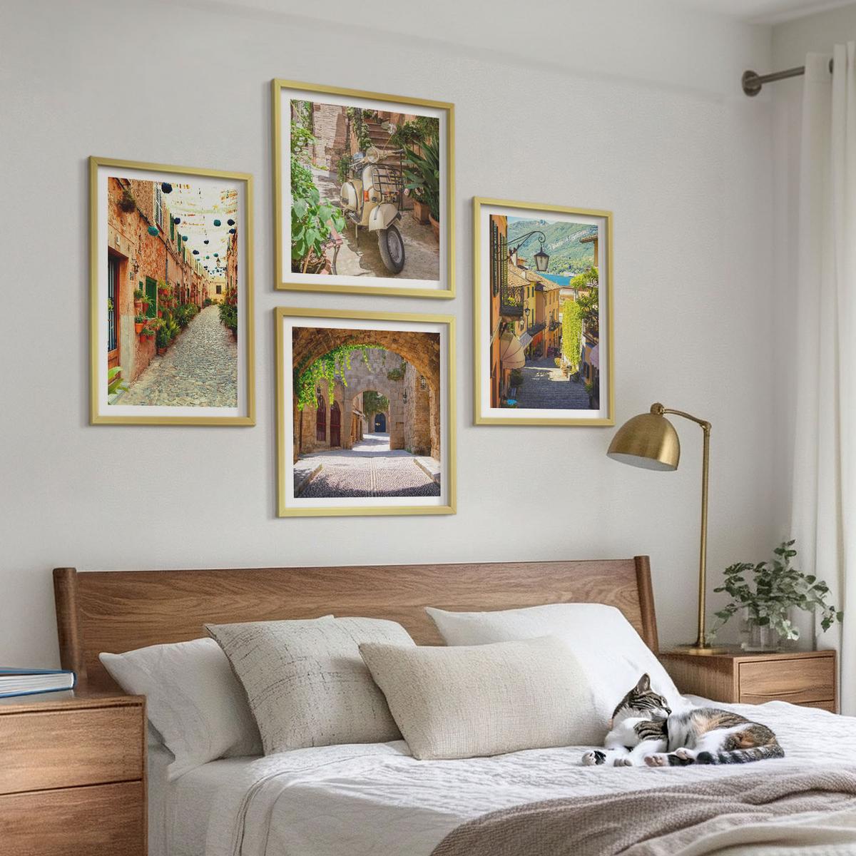 BILDER SET 4er Set - 50x50 cm & 40x60 cm Goldrahmen - Charmante Straßen und Pizza - Goldfarben, Kunststoff (50/50cm) - TULUP