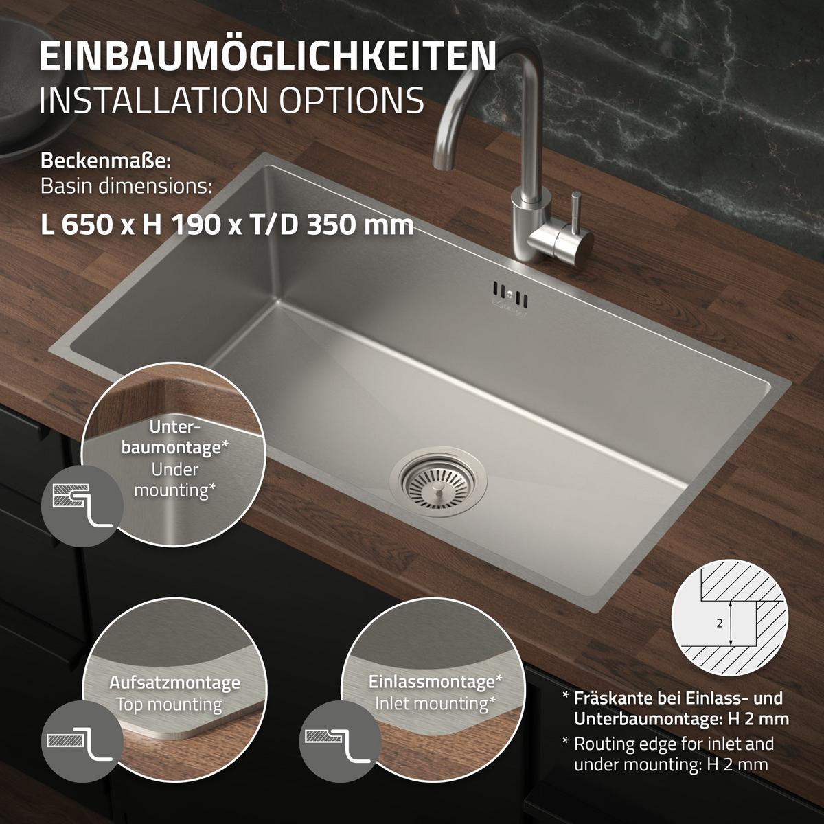 SPÜLBECKEN aus Edelstahl 70x40 cm mit Siphon - Silberfarben, Metall (70/20/40cm) - ML-DESIGN