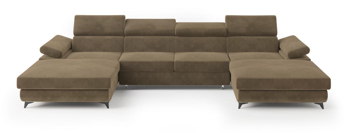 WOHNLANDSCHAFT DETTI Beige Velours-Stoff mit Schlaffunktion - Beige, Holz (339/89/190cm) - MASSENO