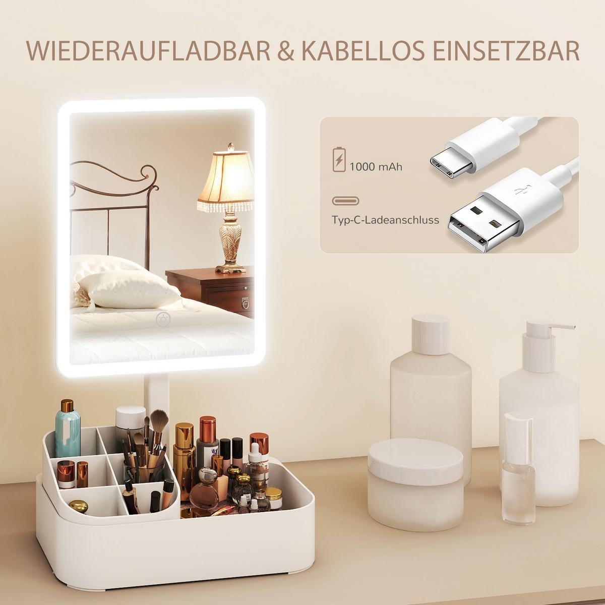 LED-SCHMINKSPIEGEL Kunststoff Glas Weiß - Weiß, Kunststoff (13.8/38/22cm) - HOMCOM