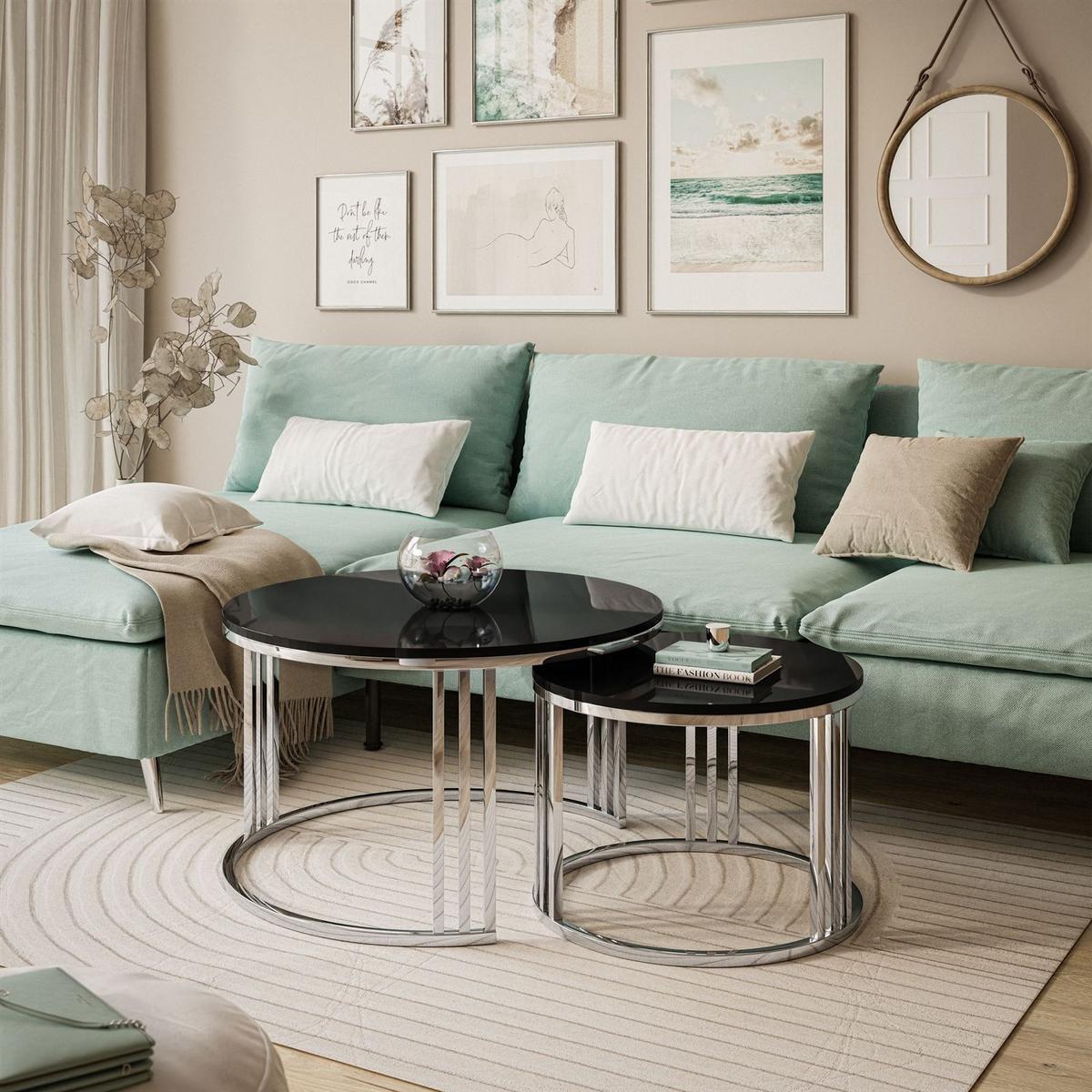 COUCHTISCH 2 in 1 LORI verchromt silber Hochglanz - Silberfarben/Schwarz, Holzwerkstoff (70/70/49cm) - Lookway