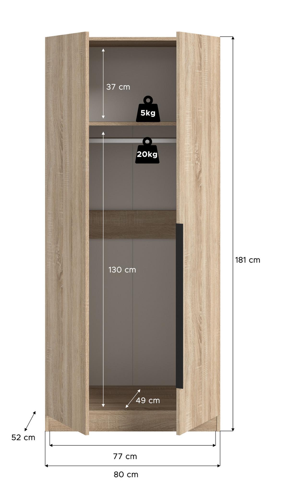 KLEIDERSCHRANK Eiche Sonoma 2-türig 80 x 181 cm, Drehtürenschrank mit zusätzlichen Einlegeböden - Eichefarben/Schwarz, Holzwerkstoff/Kunststoff (80/181/52cm) - Inn.Furn