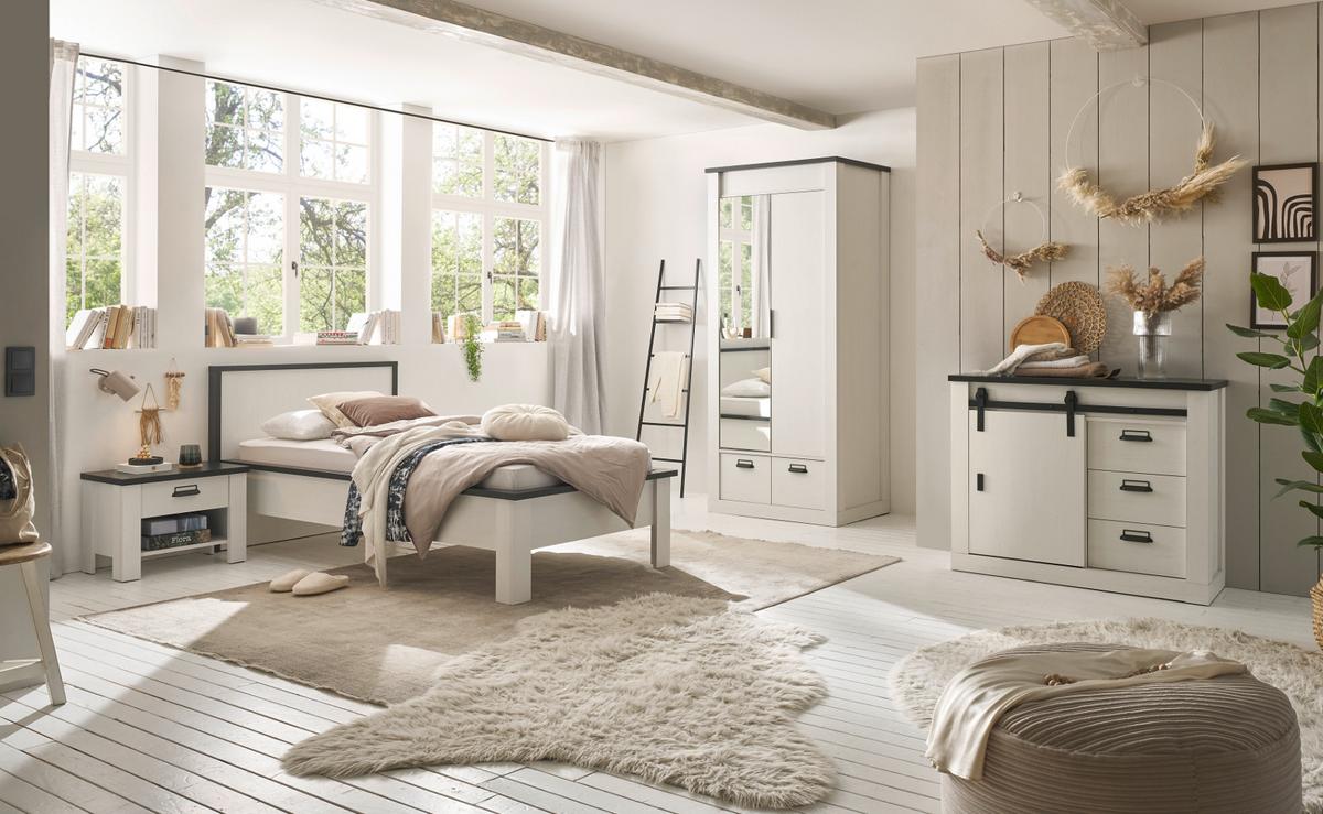 KLEIDERSCHRANK weiß Pinie, anthrazit Landhaus, Drehtürenschrank 2-türig mit Spiegel 93 x 209 cm - Anthrazit/Weiß, Holzwerkstoff/Metall (93/209/63cm) - Furn.Design