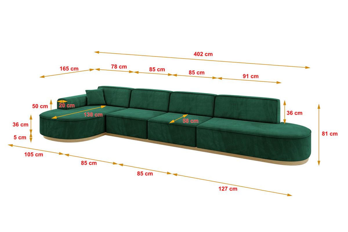 ECKSOFA Ottomane Links MARI-L3-v2 - 413x171x83 cm Grün Velours - Grün, Holzwerkstoff/Textil (413/171cm) - ALTDECOR