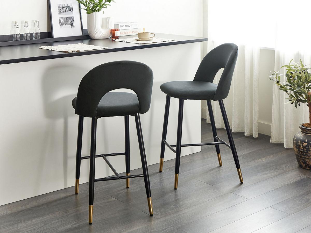 BARSTUHL 2er-Set Samtstoff Schwarz Falton - Schwarz, Textil/Metall (48/98/49cm) - Beliani