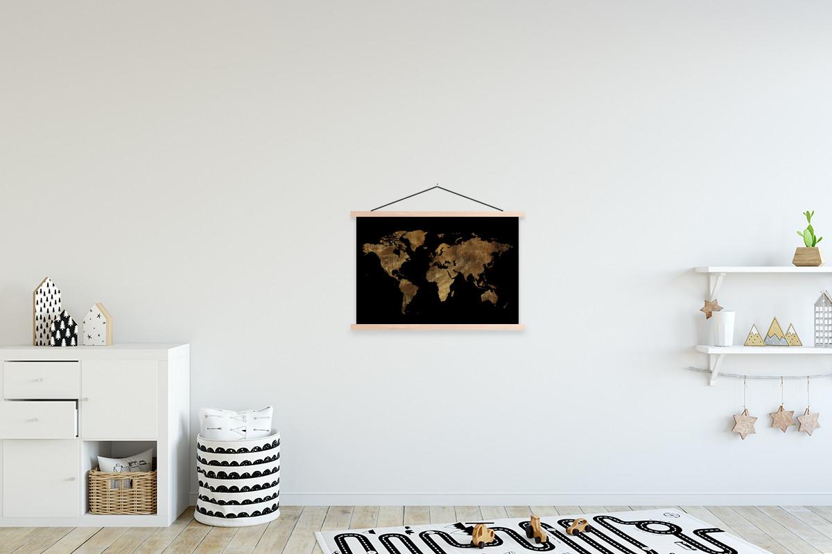 POSTER MIT MAGNETLEISTEN Weltkarte - Gold - Luxus - Erde - Schwarz Wandbilder 60x40 cm - Goldfarben, Textil (60/40/0.15cm) - MuchoWow