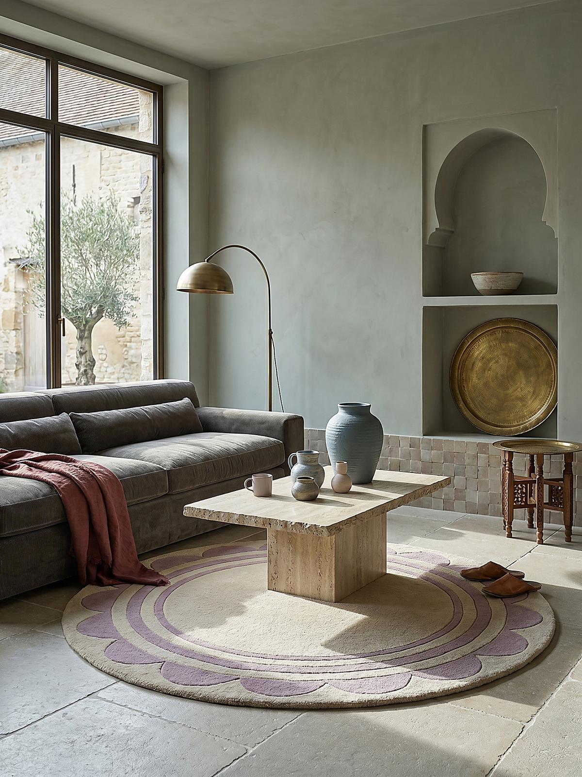 WOLLTEPPICH WENSUM, mit grafischem Muster mit Rahmen, Lila-Beige, Ø 120 cm - Lila, Textil (120/120cm) - KADIMA DESIGN