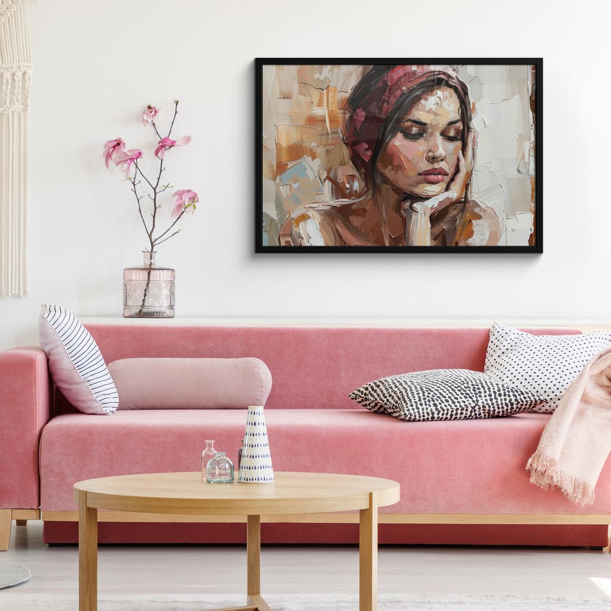 POSTER MIT RAHMENGERAHMTES BILD Frau - Lackierung - Porträt - Modern 90x60 cm - Altrosa, Papier (90/60cm) - MuchoWow