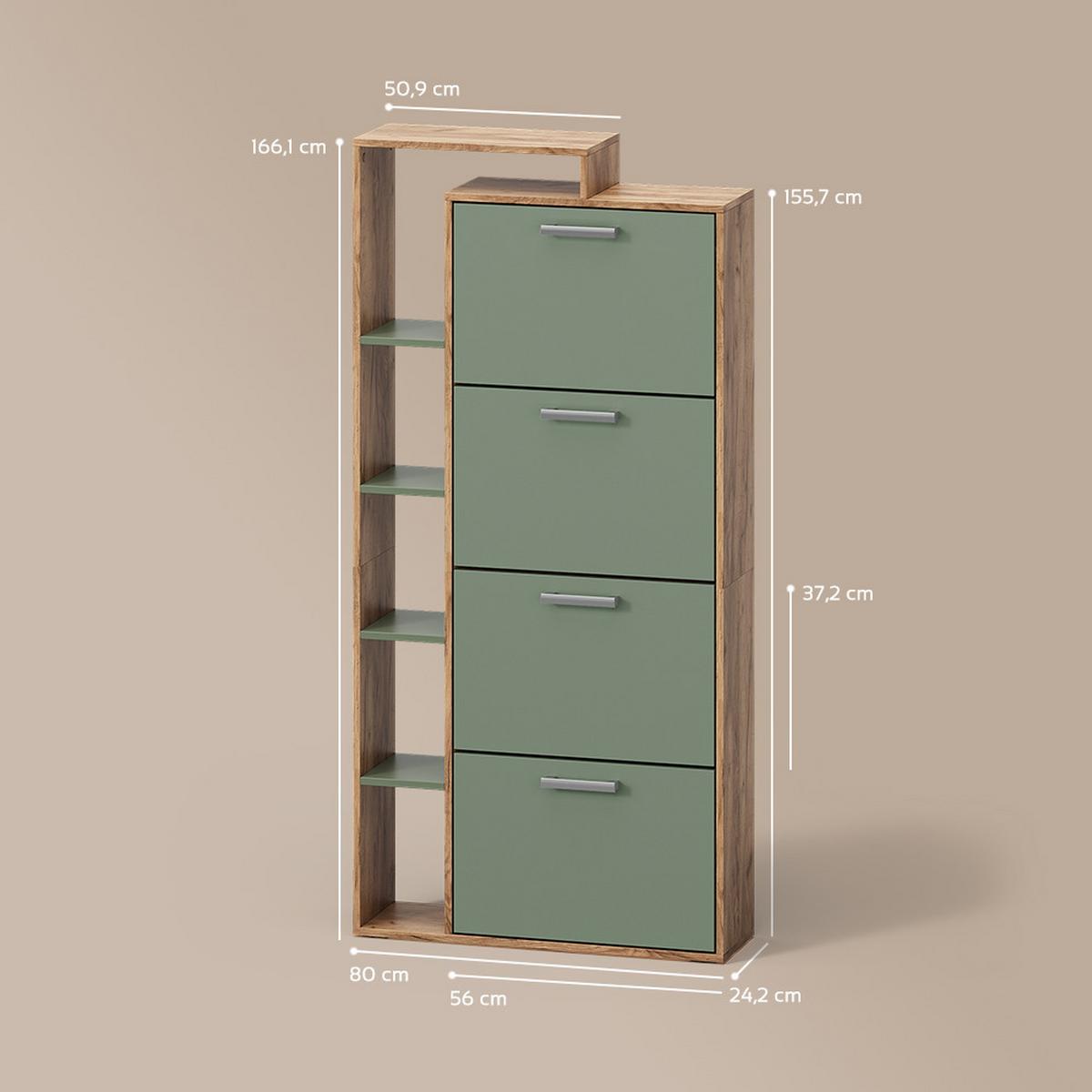 SCHUHKIPPER Ortello Goldkraft Eiche/Grün 80 x 166.1 cm mit 4 Fächern - Honigeiche/Grün, Holzwerkstoff (80/166.1/24.2cm) - Livinity®