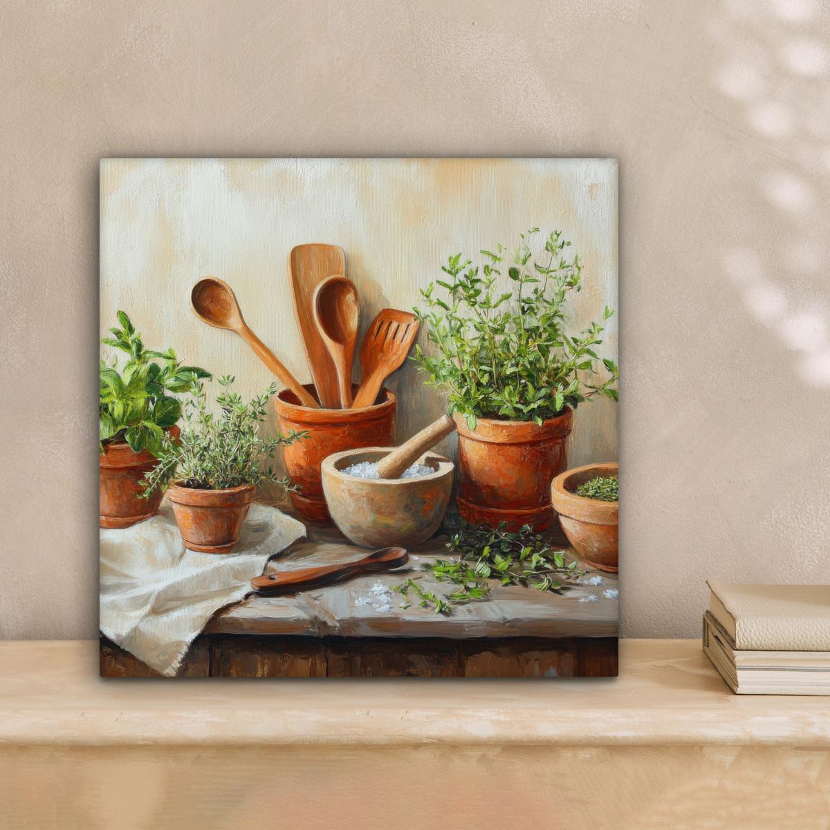 LEINWANDBILD Töpfe - Kräuter - Holz Deko Wohnzimmer 20x20 cm - Terracotta, Textil (20/20cm) - MuchoWow