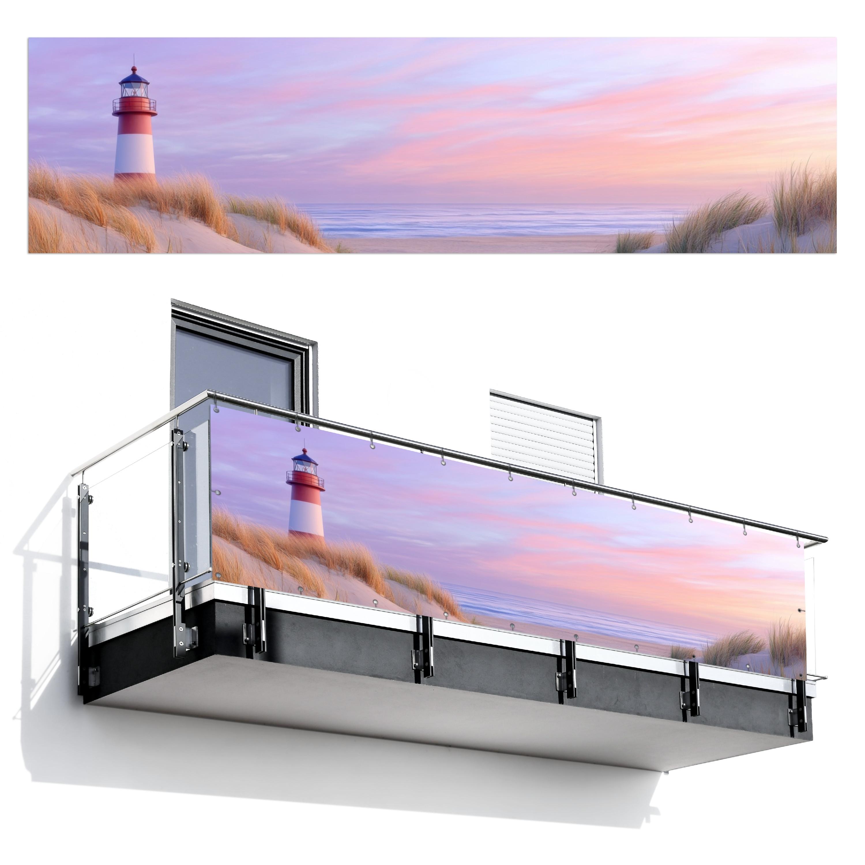 BALKON-SICHTSCHUTZ Leuchtturm - Dünen - Sonnenuntergang Witterungsbeständig 300x80 cm - Hellrosa, Kunststoff (300/80cm) - MuchoWow