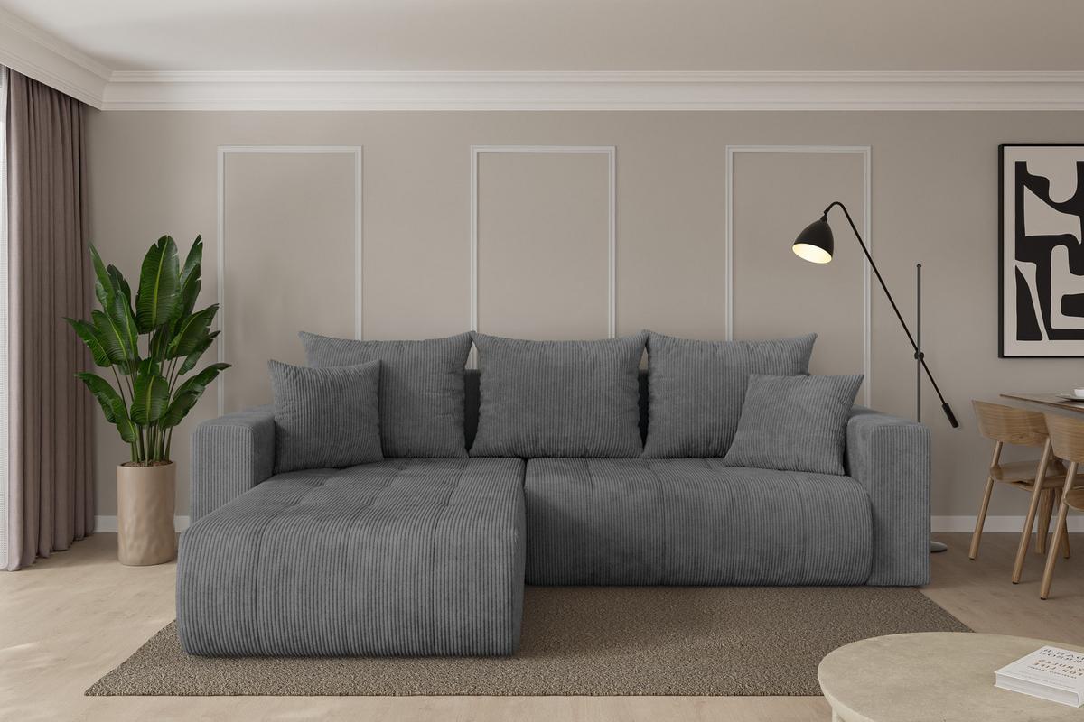 ECKSOFA mit Schlaffunktion Ottomane Links MILA-L 277x194x86 Dunkelgrau Cord - Dunkelgrau/Schwarz, Holzwerkstoff/Kunststoff (277/194cm) - ALTDECOR