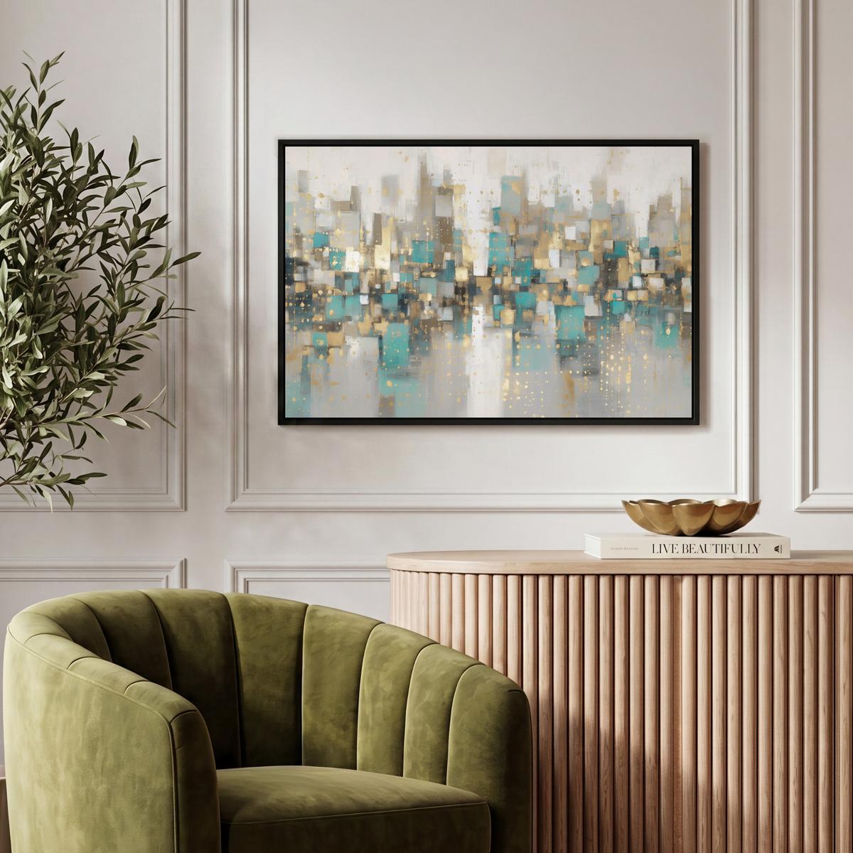 LEINWAND Bilder mit Rahmen - Abstrakt - Blöcke - Gold - Skyline - 60x40 - Beige, Textil (60/40cm) - MuchoWow