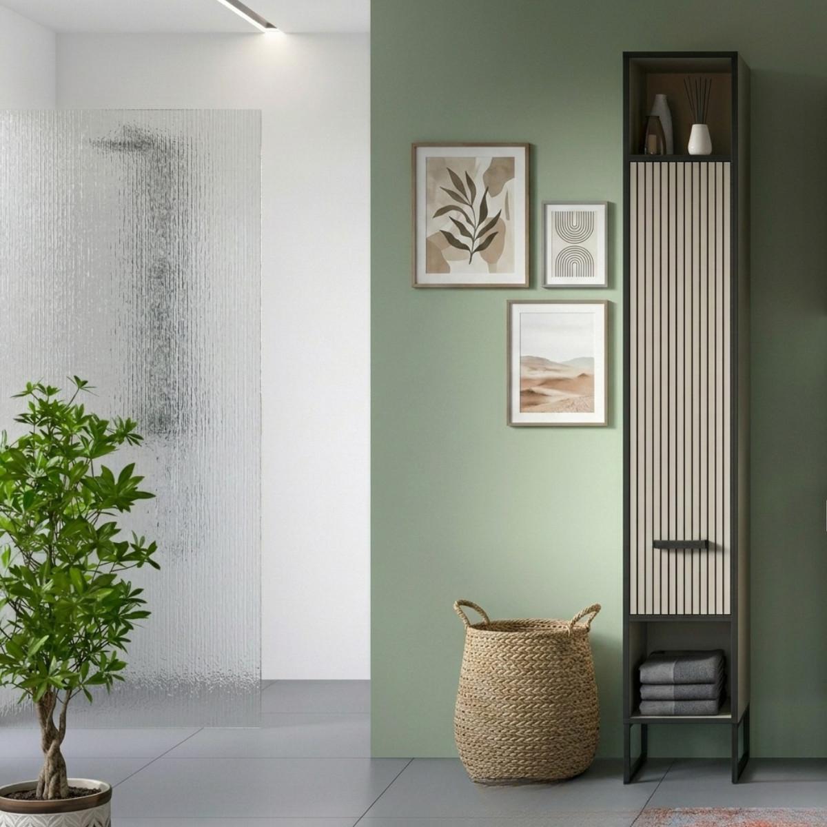 BADEZIMMERSCHRANK mit 1 Tür und 2 Nischen, Kaschmir 32/192/30 cm - Beige, Holzwerkstoff (32/192/37.4cm) - Calicosy