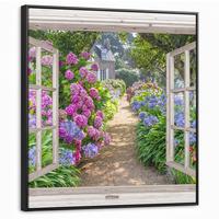 LEINWAND Bilder mit Rahmen - Hortensie - Durchsichtig - Blumen - Sommer - Lila - Weg - 90x90 - Lila, Textil (90/90cm) - MuchoWow