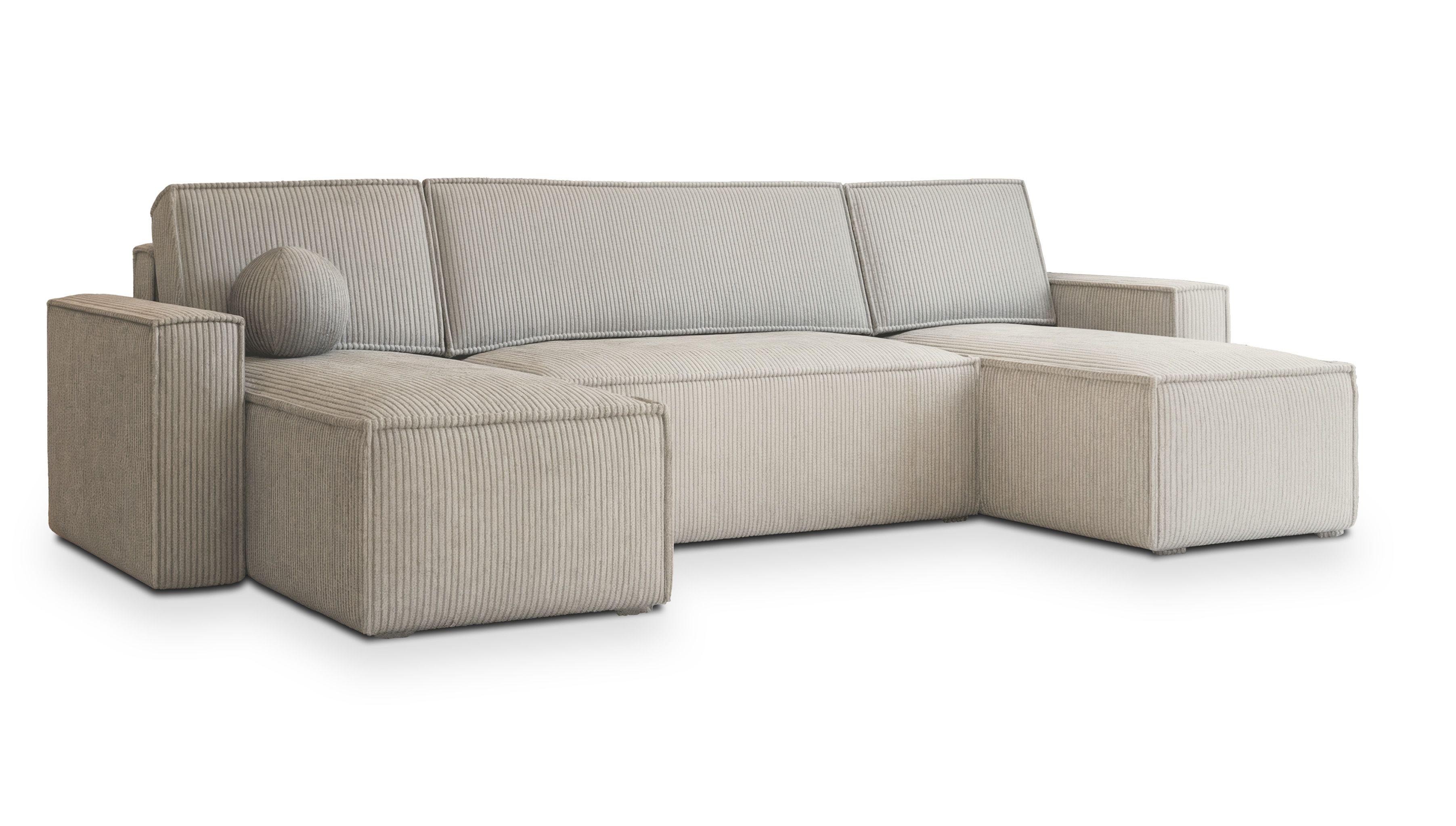 WOHNLANDSCHAFT PESANO P Creme Kordstoff mit Schlaffunktion - Creme/Grau, Holz/Kunststoff (306/85/140cm) - MASSENO