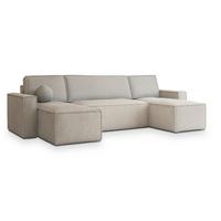 WOHNLANDSCHAFT PESANO P Creme Kordstoff mit Schlaffunktion - Creme/Grau, Holz/Kunststoff (306/85/140cm) - MASSENO