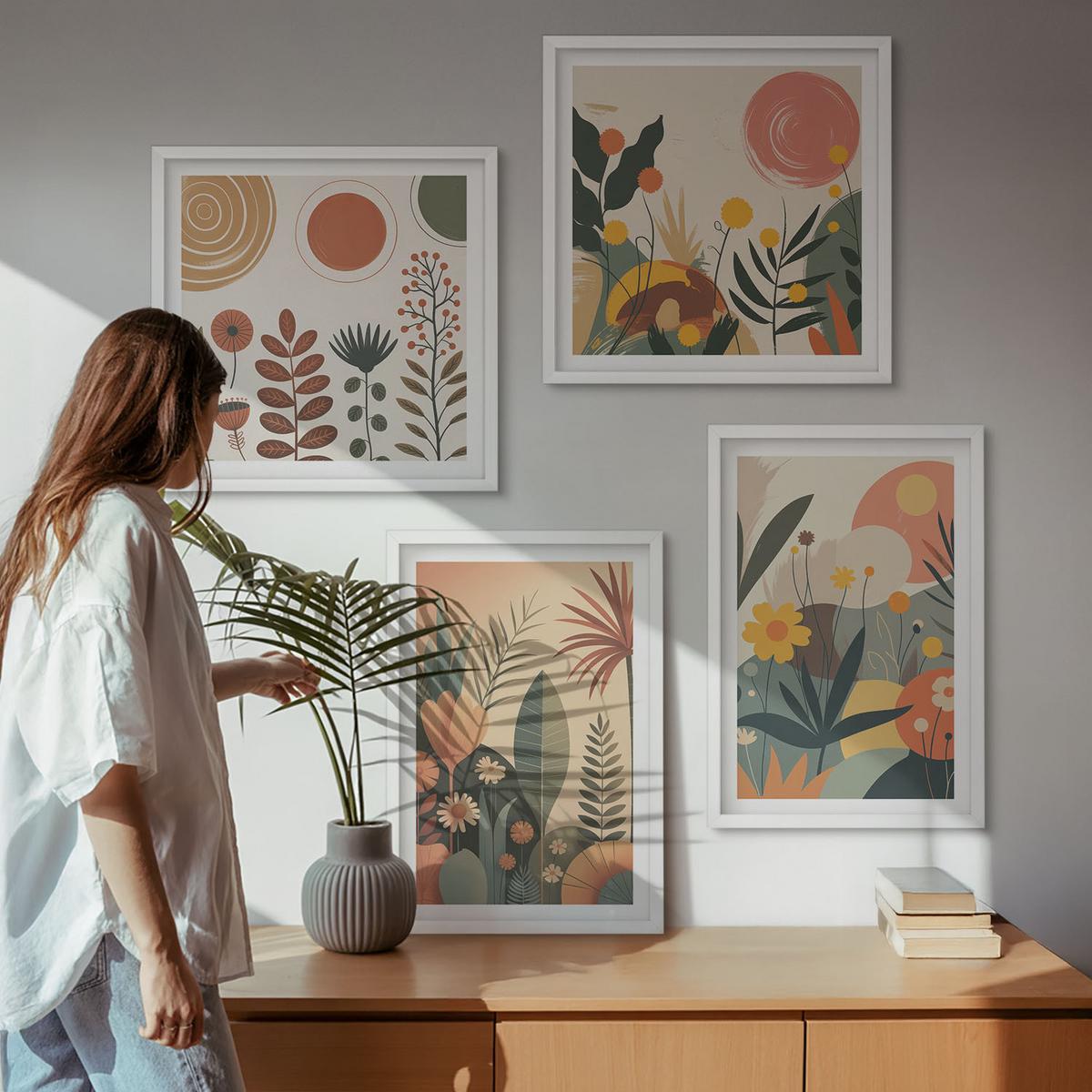 BILDER SET 4er Set - 50x50 cm & 40x60 cm Weißer Rahmen - Boho-Pflanzenmuster - Weiß, Kunststoff (50/50cm) - TULUP