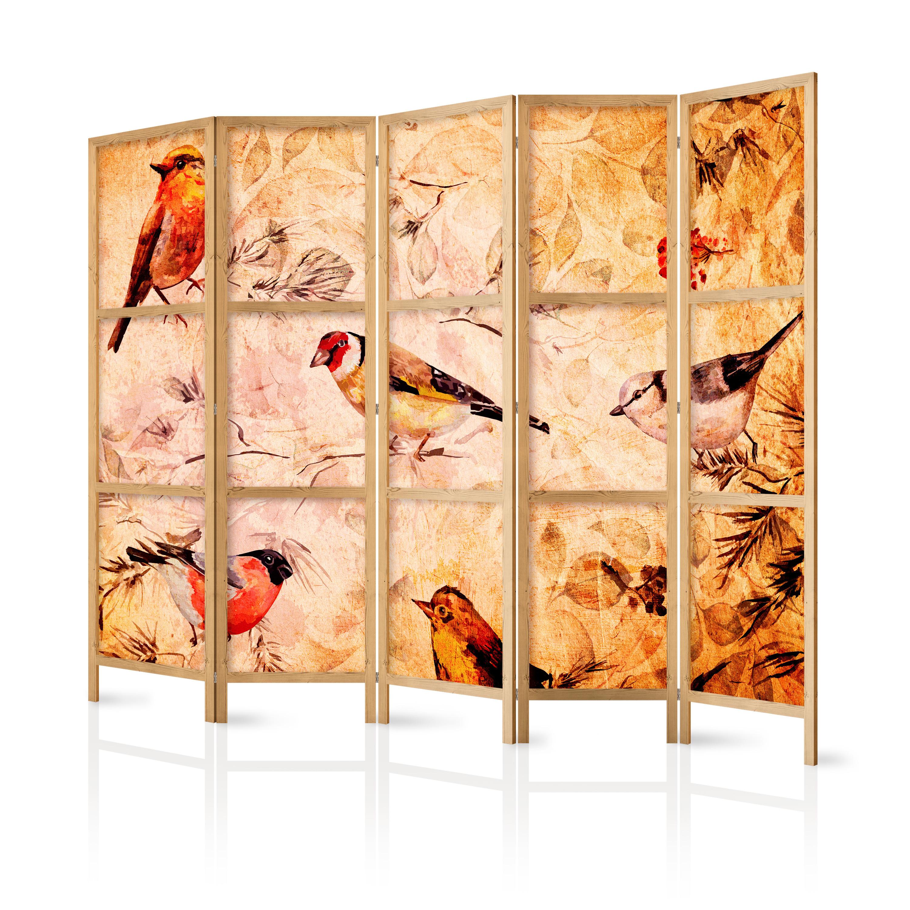 PARAVENT Japanischer 5-tlg 225x172 cm Bunte V gel - Multicolor, Holz/Textil (225/172/3cm) - Muralo