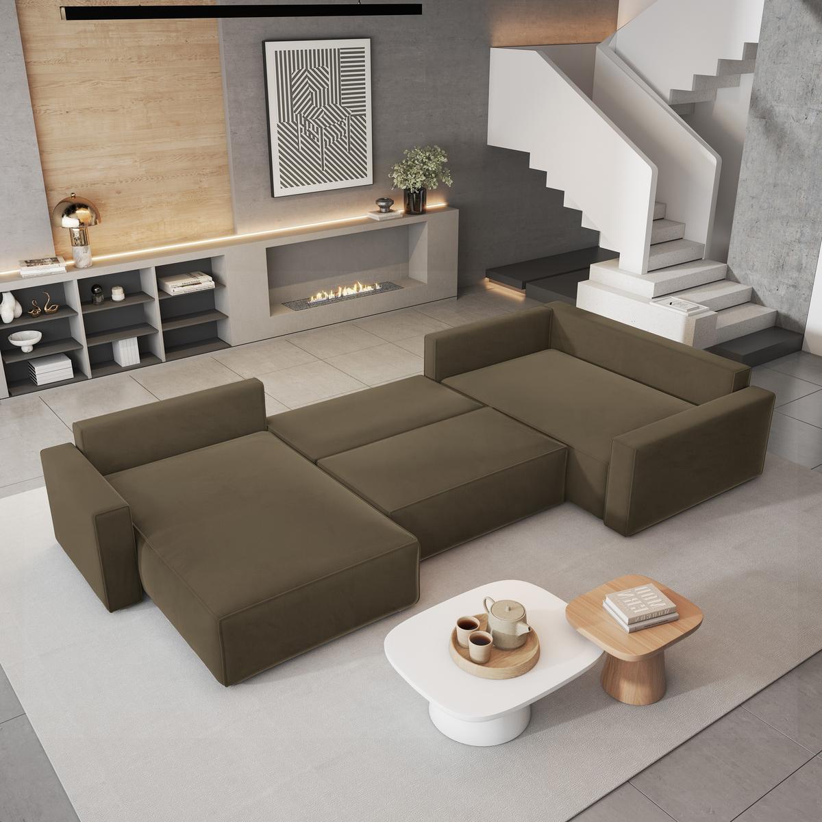 WOHNLANDSCHAFT VELAMI R-S Beige Velours-Stoff mit Schlaffunktion - Beige, Holz (365/83/194cm) - MASSENO