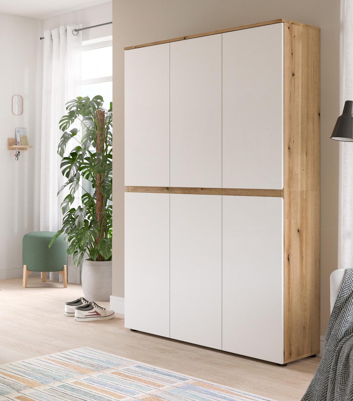 MEHRZWECKSCHRANK Weiß und Evoke Eiche 105 x 175 cm, Stauraumschrank 6-türig mit 18 Fächern - Eichefarben/Schwarz, Holzwerkstoff/Kunststoff (105/175/37cm) - Inn.Furn